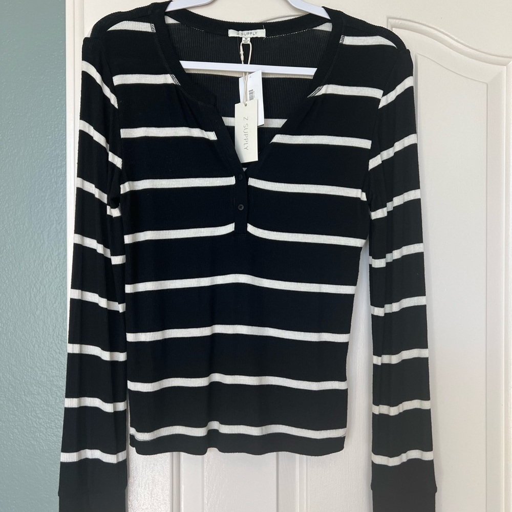 Z Supply Black and White Striped Long Sleeve Tee